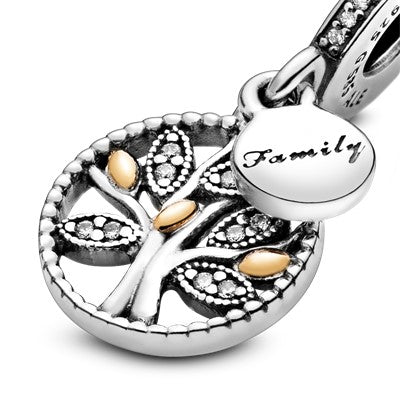 Charm – Sterling Silver – Family tree silver dangle with 14k and clear cubic zirconia