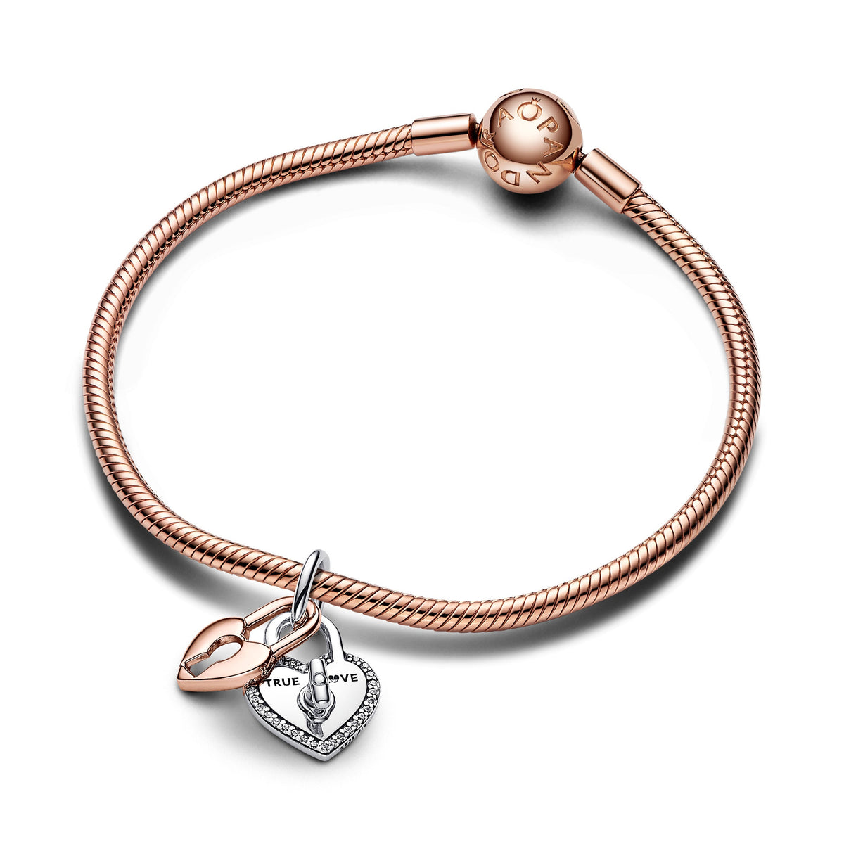 Dangle Charm – 14k Rose Gold-Plated – Two-tone Twistable Heart Padlock Double