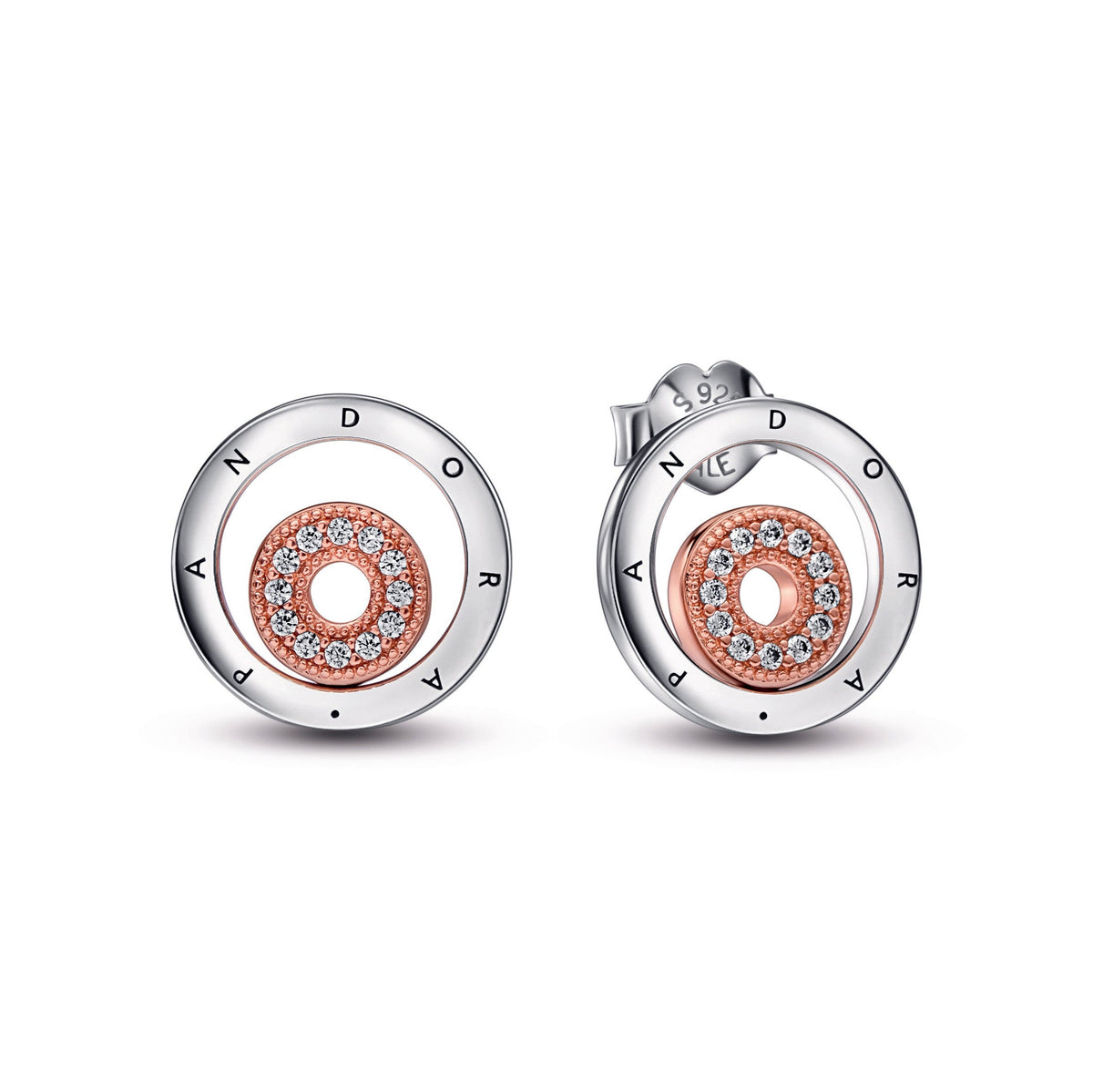 Stud Earrings – 14k Rose Gold-Plated – Pandora Signature Two-tone Logo Circles