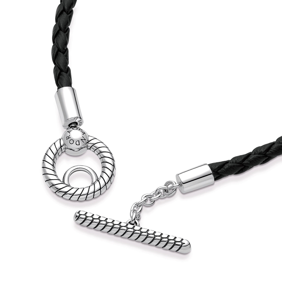 Bracelet – Sterling Silver – Pandora Moments Braided Leather T-bar
