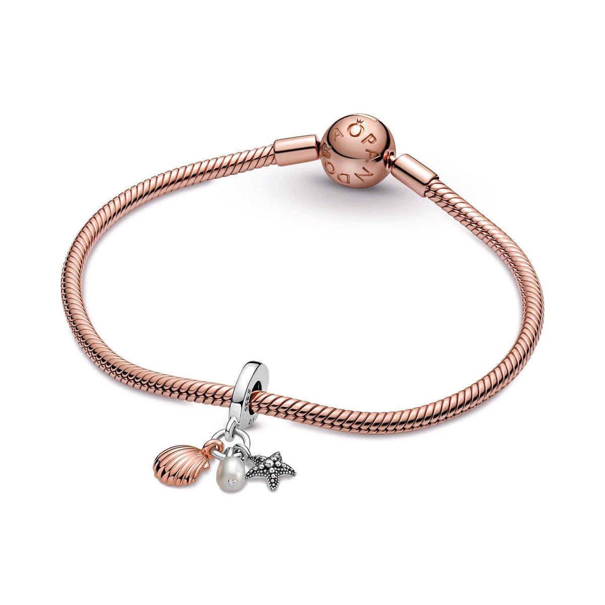 Dangle Charm – 14k Rose Gold-Plated – Freshwater Cultured Pearl, Starfish & Shell Triple