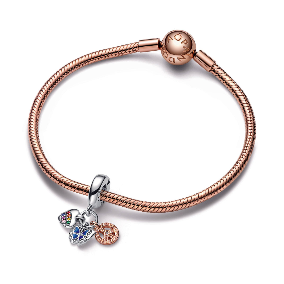Dangle Charm – 14k Rose Gold-Plated – Two-Tone Rainbow Heart, Butterfly & Peace Triple