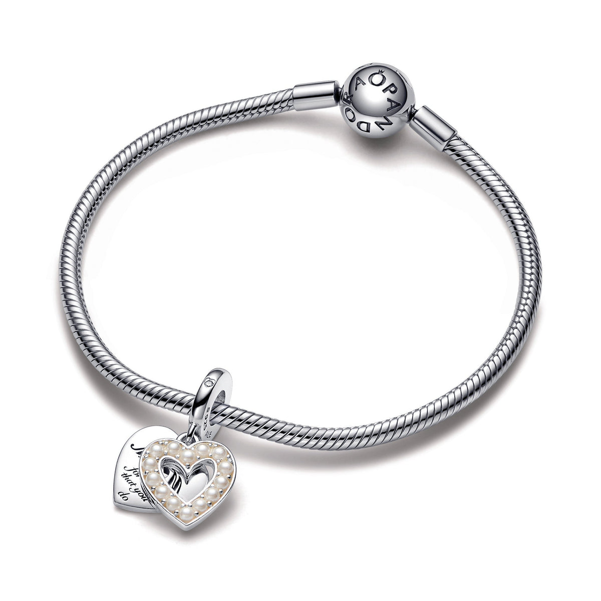 Dangle Charm – Sterling Silver – Pearlescent White Heart Double