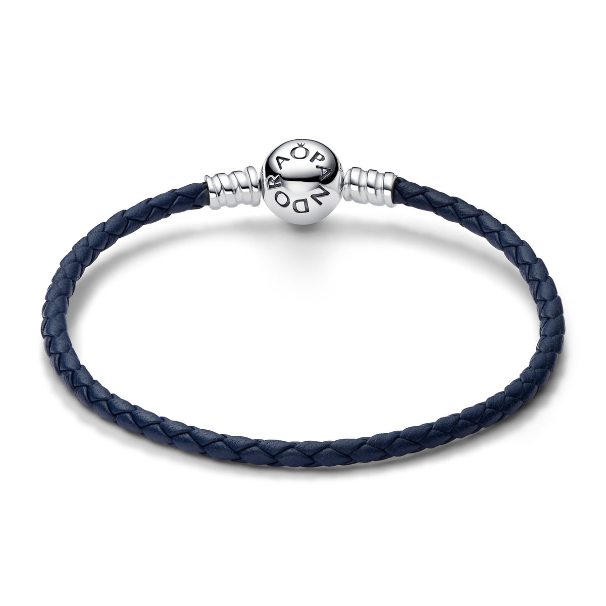 Bracelet – Sterling Silver – Pandora Moments Round Clasp Blue Braided Leather