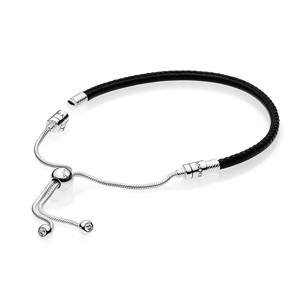 Bracelet – Sterling Silver – Pandora Moments Black Leather Slider