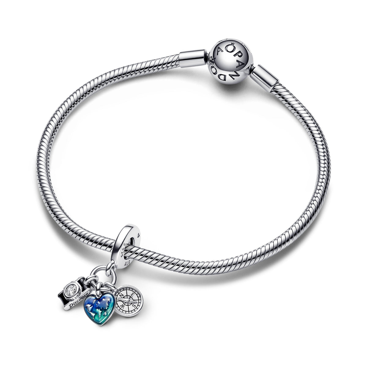 Dangle Charm – Sterling Silver – Camera, Heart & Compass Triple