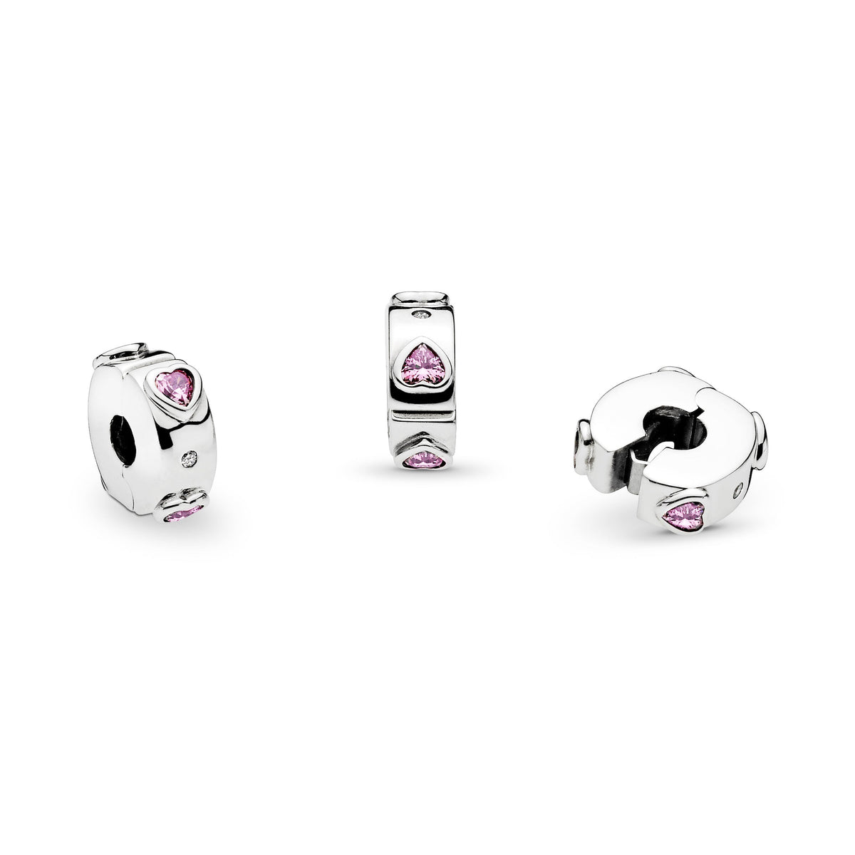 Clip Charm – Sterling Silver – Sparkling Pink Hearts