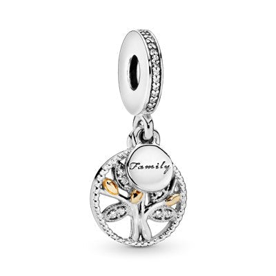 Charm – Sterling Silver – Family tree silver dangle with 14k and clear cubic zirconia