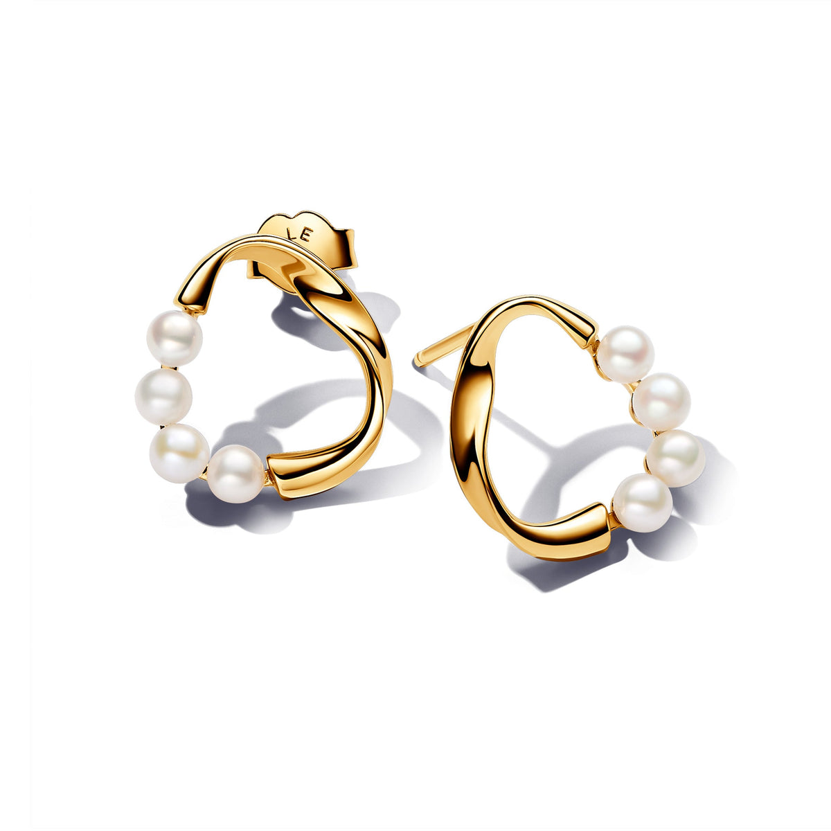 Stud Earrings – 14k Gold-Plated – Organically Shaped Circle & Treated Freshwater Cultured Pearls