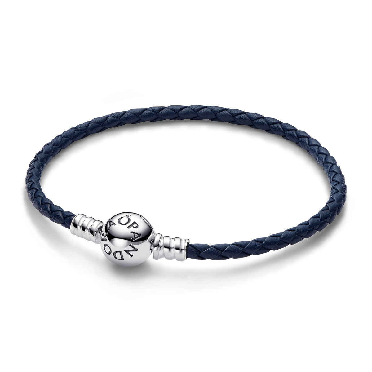 Bracelet – Sterling Silver – Pandora Moments Round Clasp Blue Braided Leather