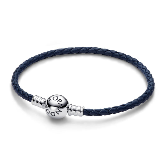 Bracelet – Sterling Silver – Pandora Moments Round Clasp Blue Braided Leather