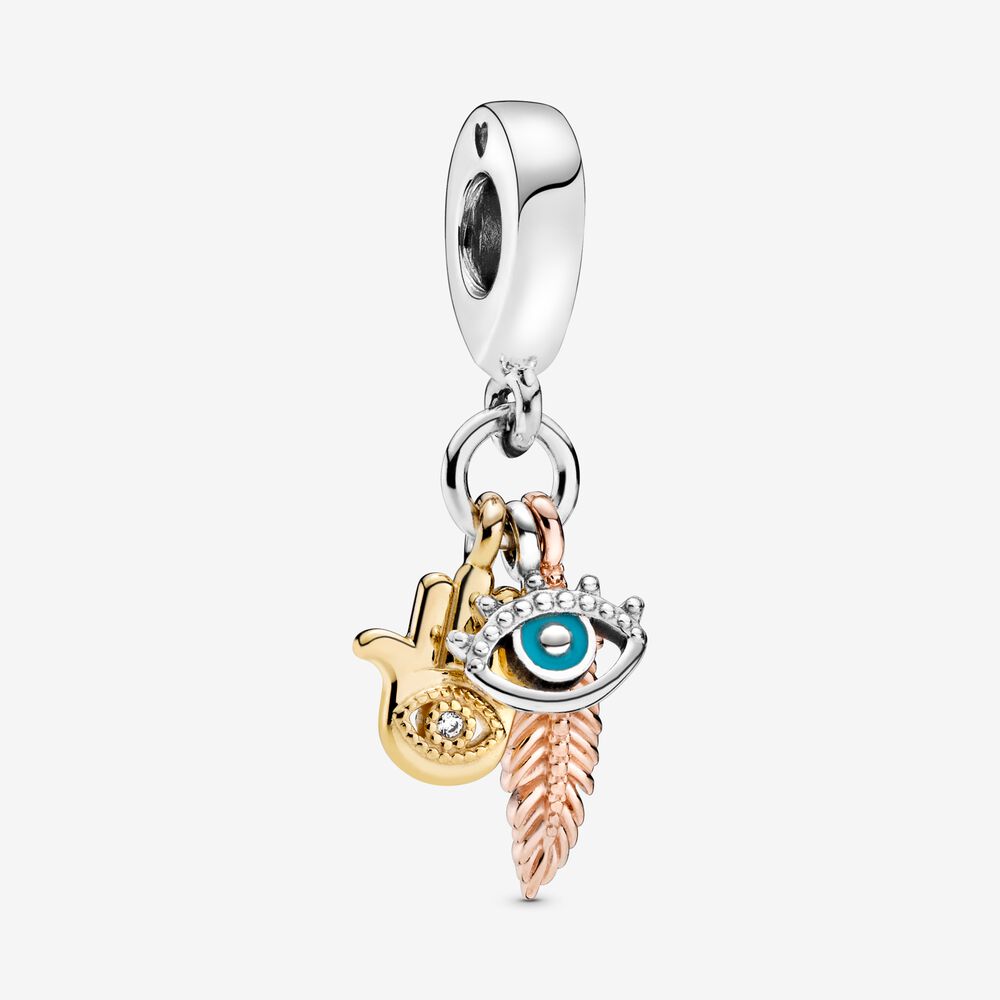 Dangle Charm – Sterling Silver – Hamsa, All-seeing Eye & Feather Spirituality