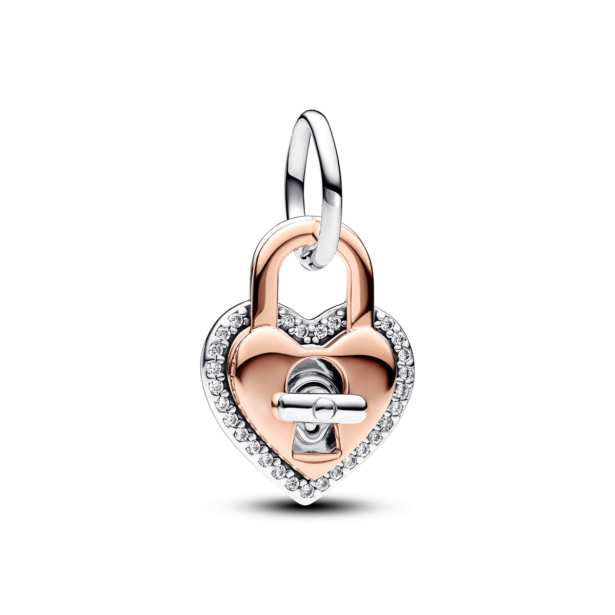 Dangle Charm – 14k Rose Gold-Plated – Two-tone Twistable Heart Padlock Double