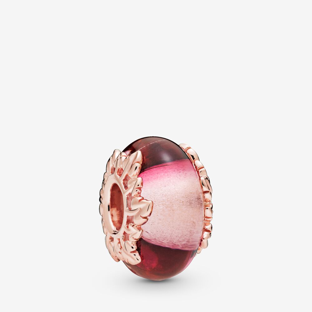 Charm – 14k Rose Gold-Plated – Pink Murano Glass & Leaves