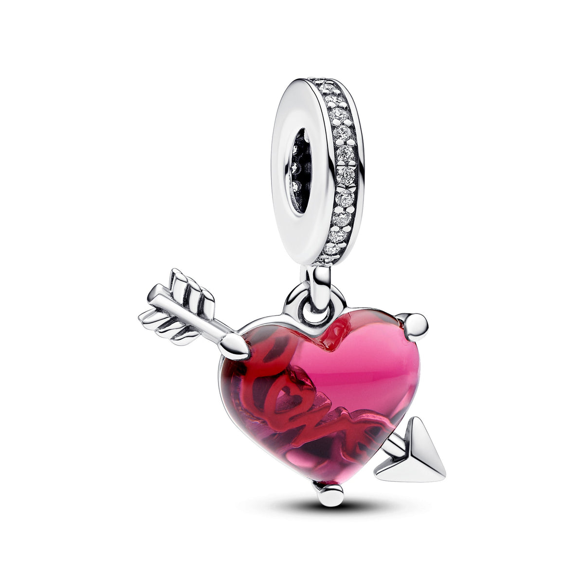 Dangle Charm – Sterling Silver – Red Heart & Arrow Murano Glass