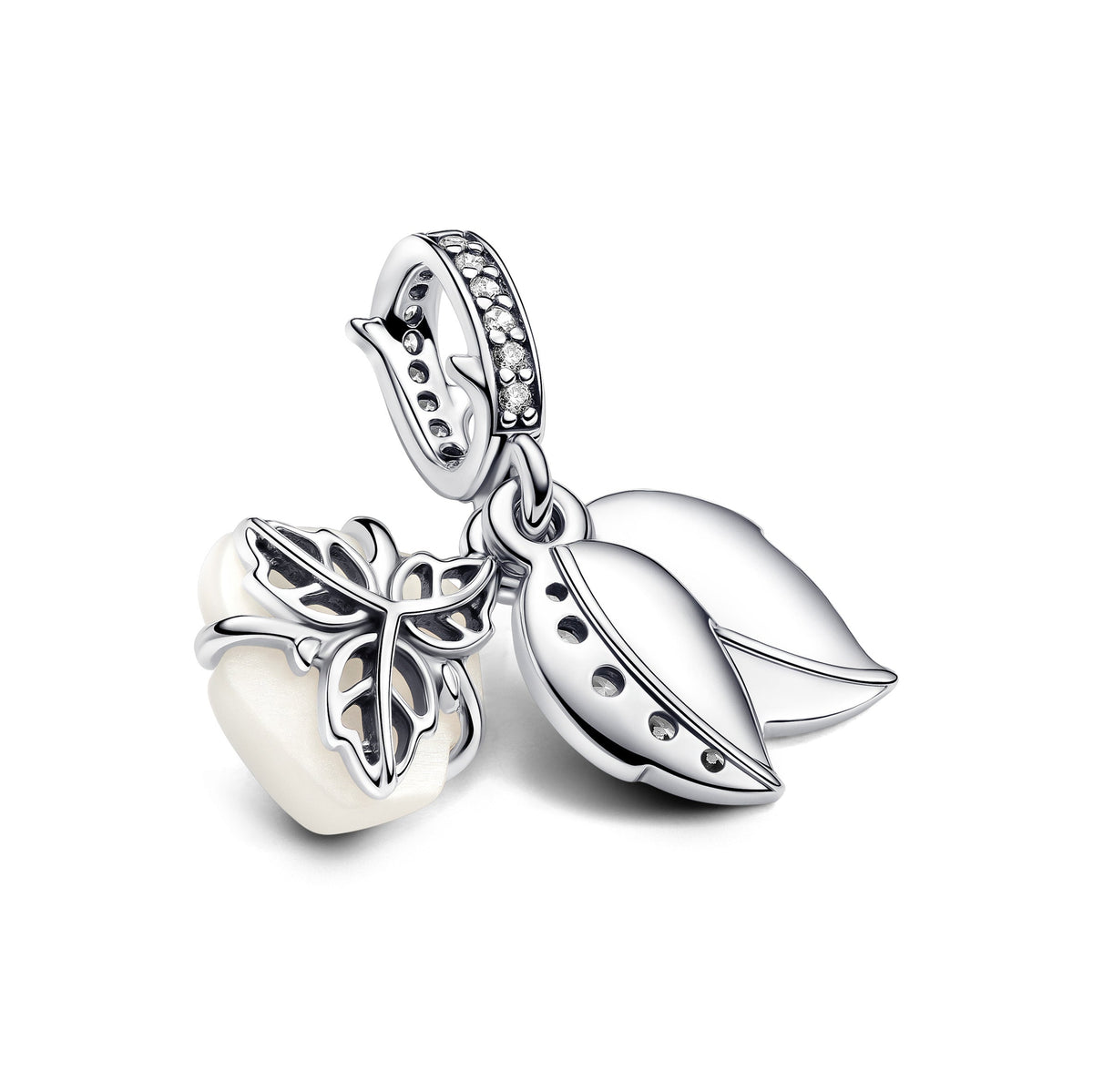Dangle Charm – Sterling Silver – White Rose in Bloom Double