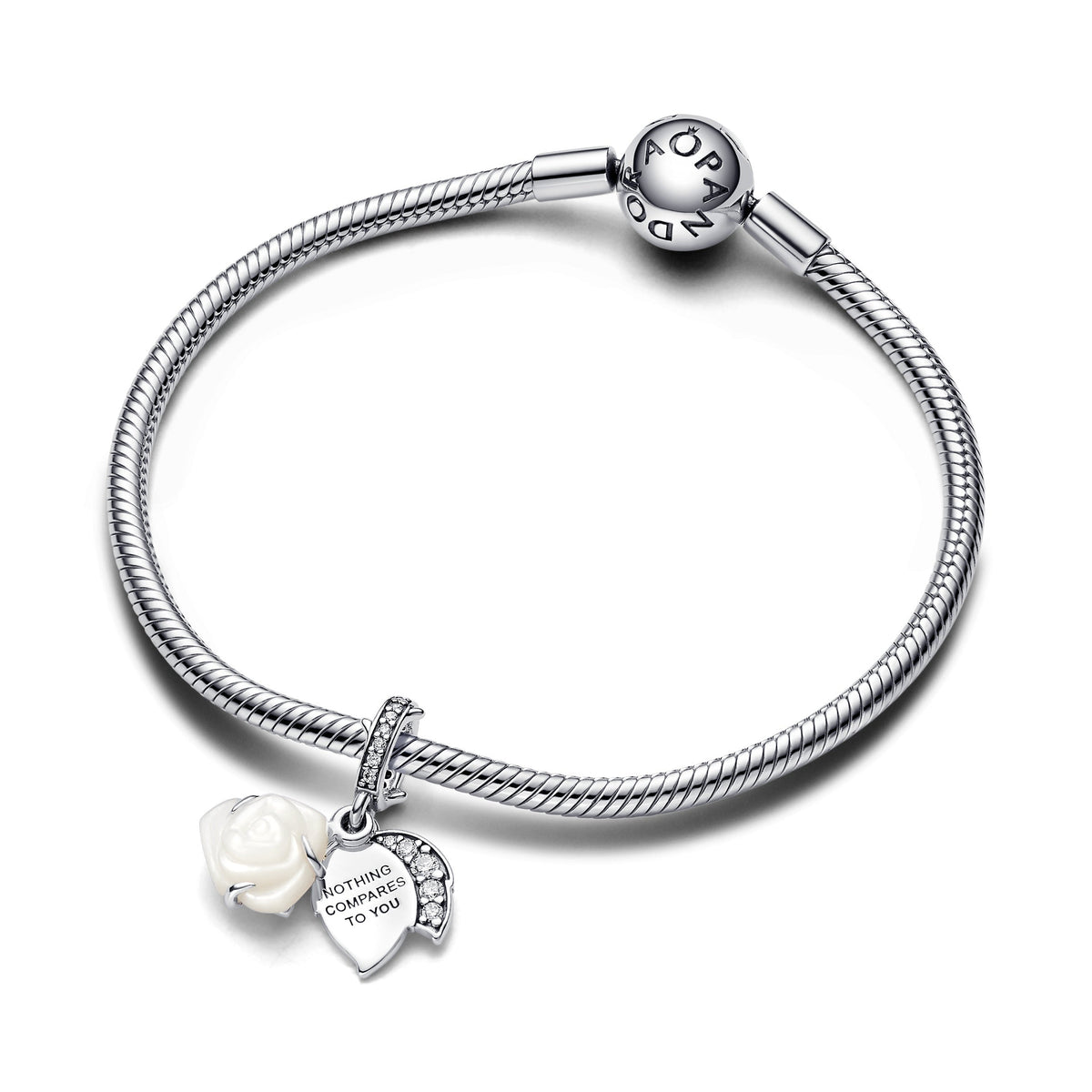 Dangle Charm – Sterling Silver – White Rose in Bloom Double