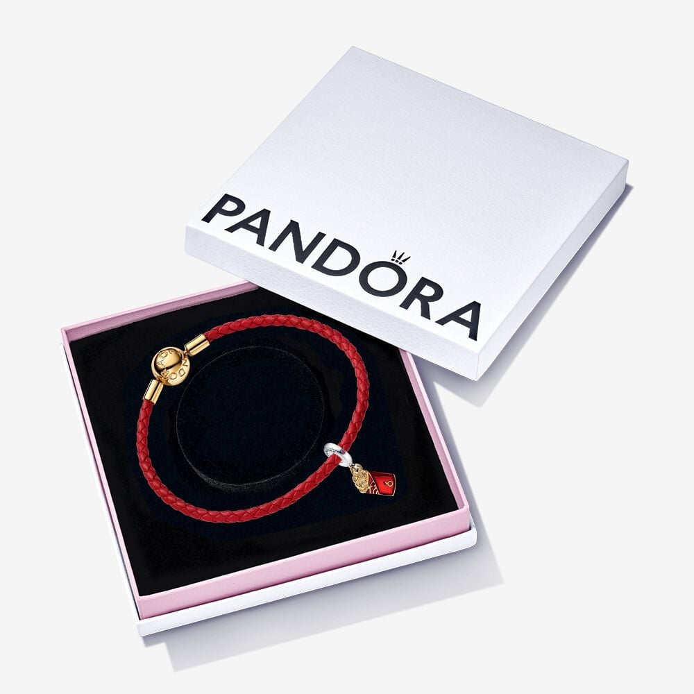 Dangle Charm – 14k Gold-Plated – Two-tone Red Envelope and Pandora Moments Red Woven Leather Bracelet set