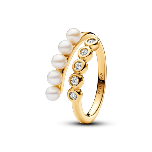 Ring – 14k Gold-Plated – Treated Freshwater Cultured Pearls & Stones Open