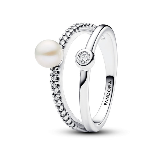 Ring – Sterling Silver – Treated Freshwater Cultured Pearl & Pavé Double Band