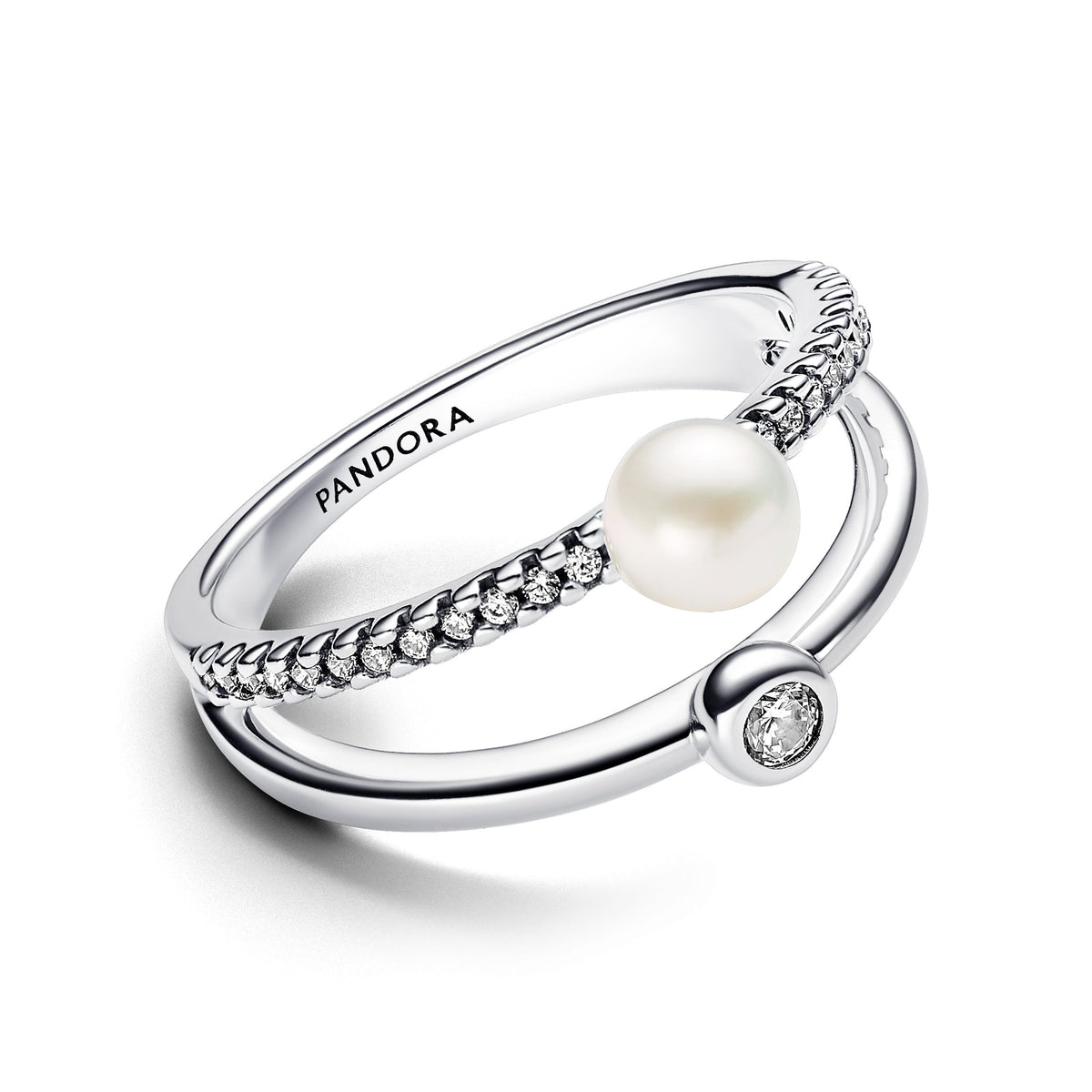 Ring – Sterling Silver – Treated Freshwater Cultured Pearl & Pavé Double Band