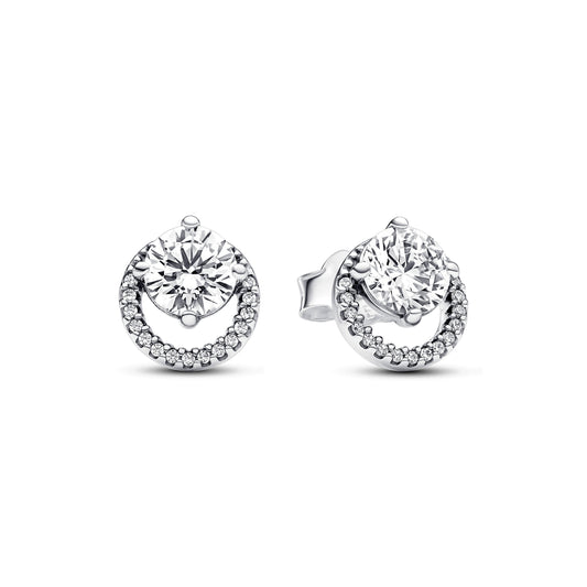 Stud Earrings – Sterling Silver – Sparkling Round Halo
