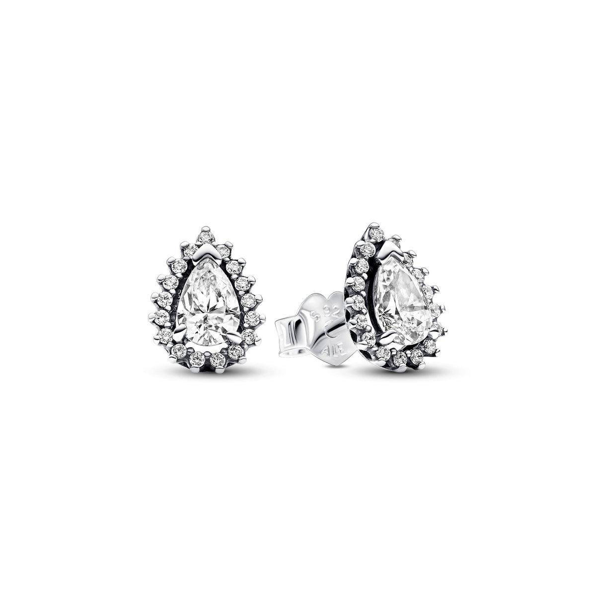 Stud Earrings – Sterling Silver – Sparkling Pear Halo