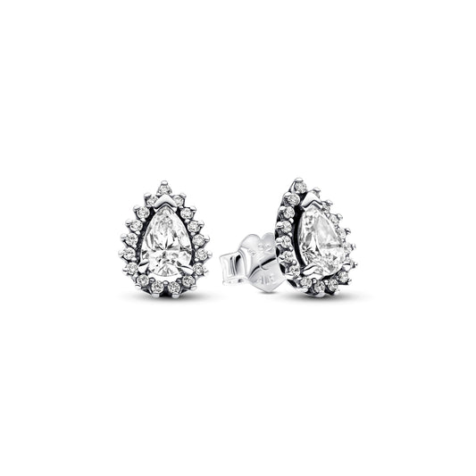 Stud Earrings – Sterling Silver – Sparkling Pear Halo
