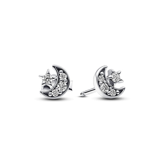 Stud Earrings – Sterling Silver – Sparkling Moon & Star