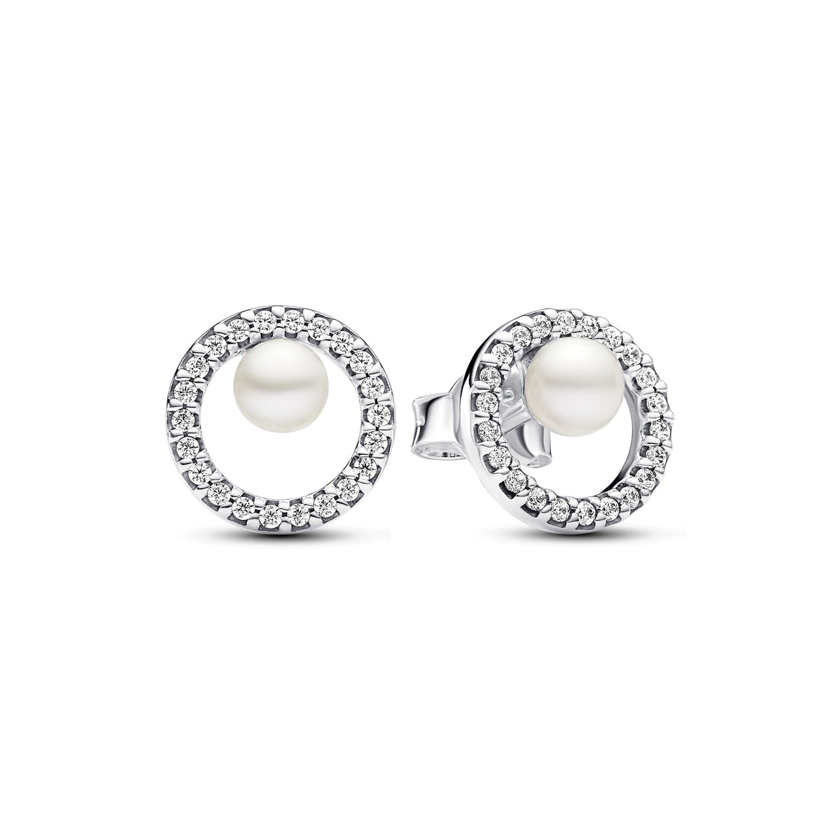 Stud Earrings – Sterling Silver – Treated Freshwater Cultured Pearl & Pavé Halo