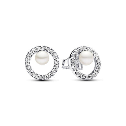 Stud Earrings – Sterling Silver – Treated Freshwater Cultured Pearl & Pavé Halo