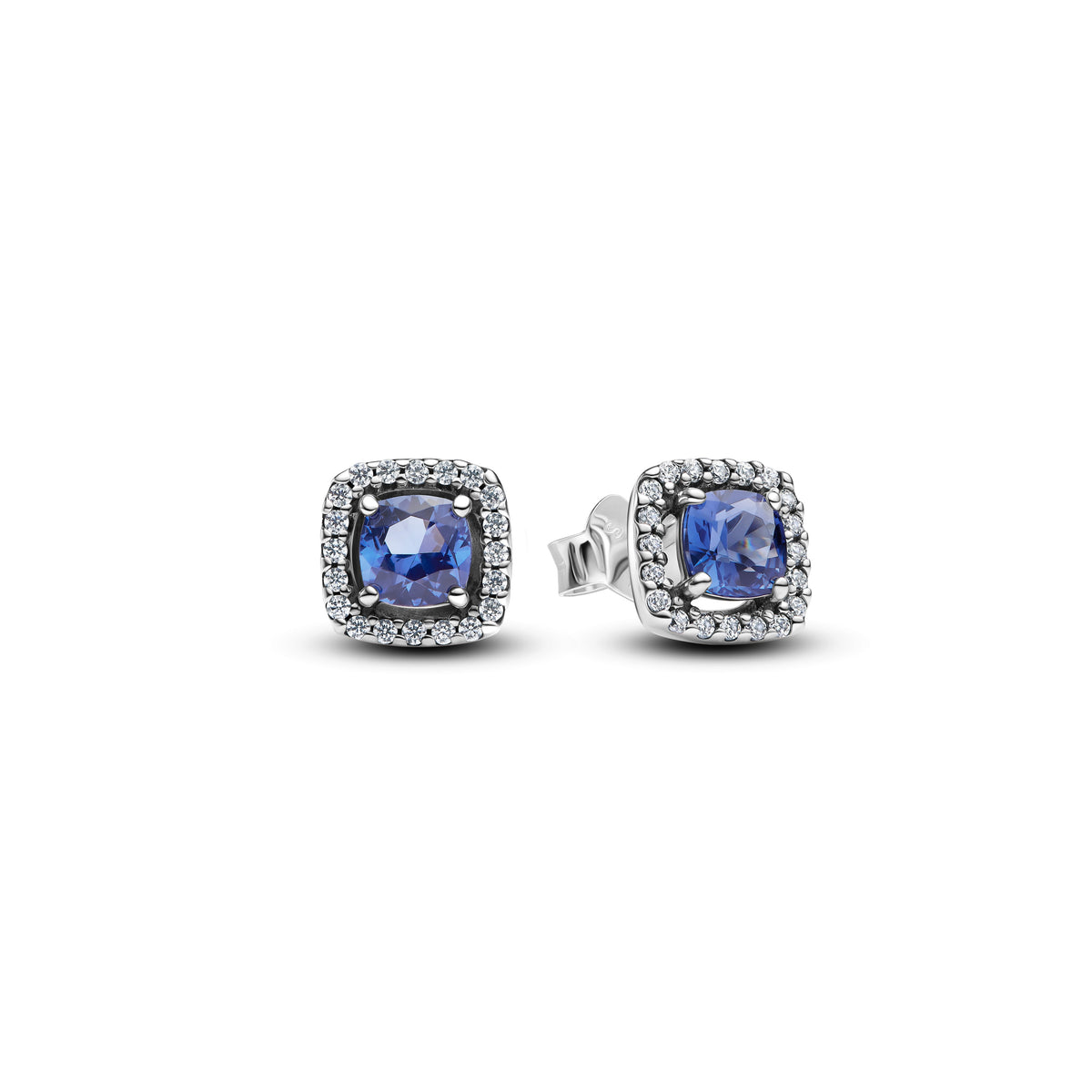 Stud Earrings – Sterling Silver – Sparkling Square Blue Halo