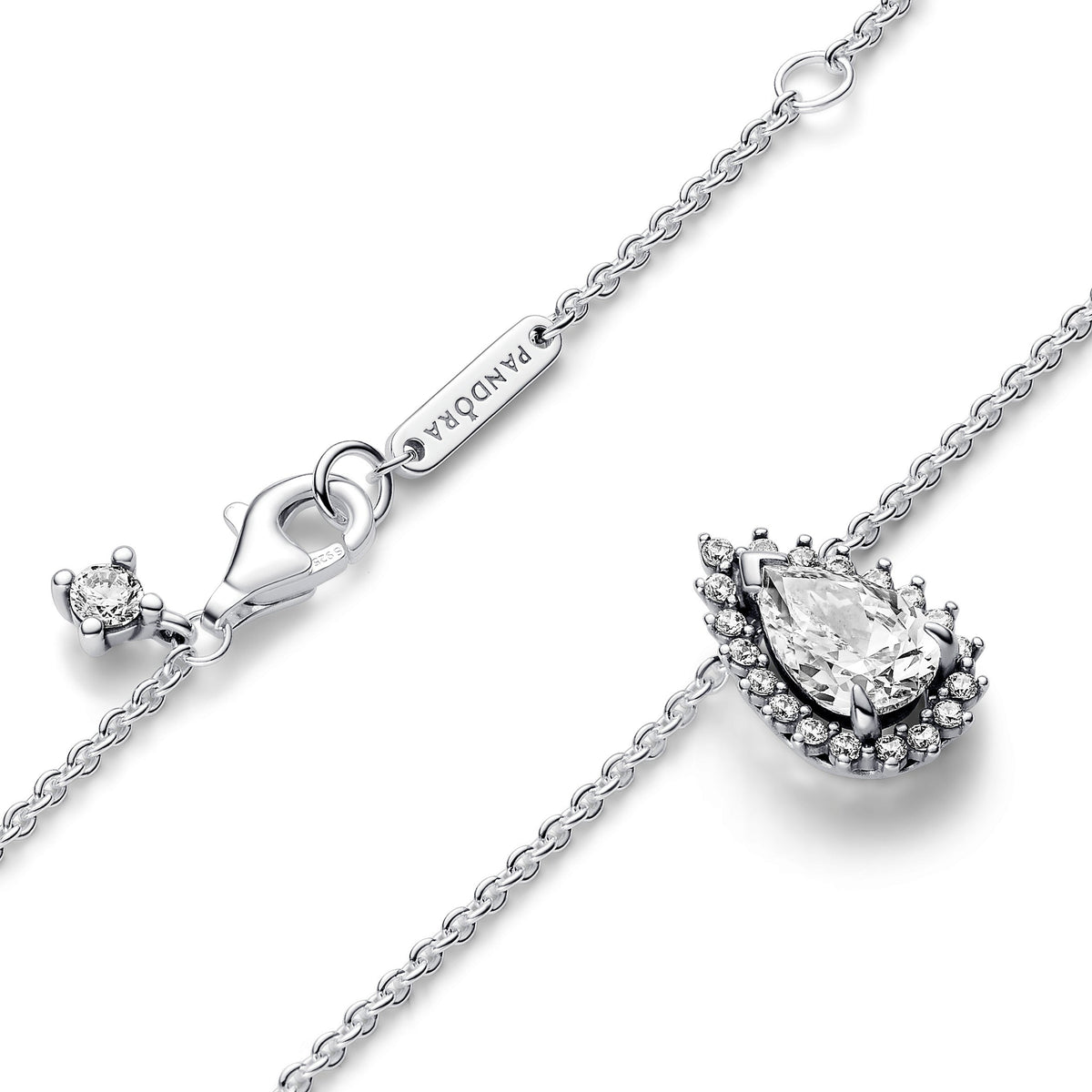Necklace – Sterling Silver – Sparkling Pear Halo Collier