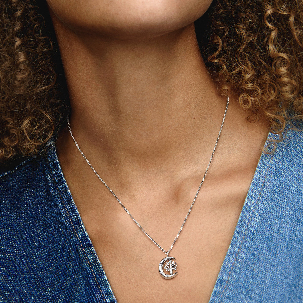 Pendant Necklace – Sterling Silver – Moon & Spinning Tree of Life