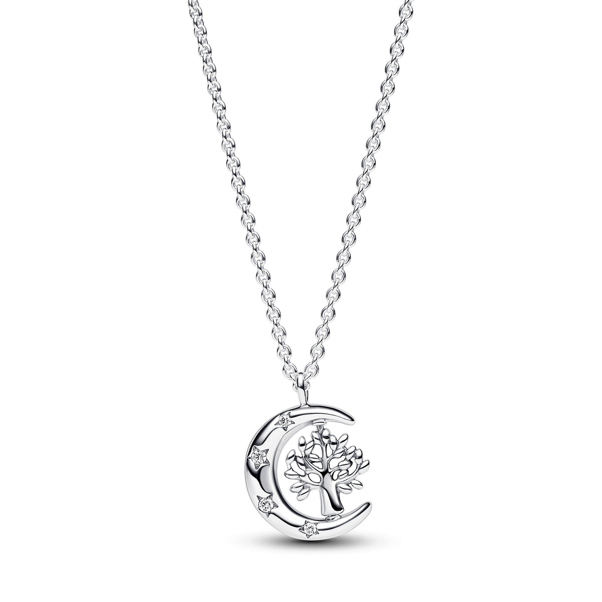 Pendant Necklace – Sterling Silver – Moon & Spinning Tree of Life