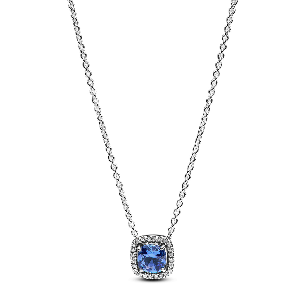Pendant Necklace – Sterling Silver – Sparkling Square Blue Halo