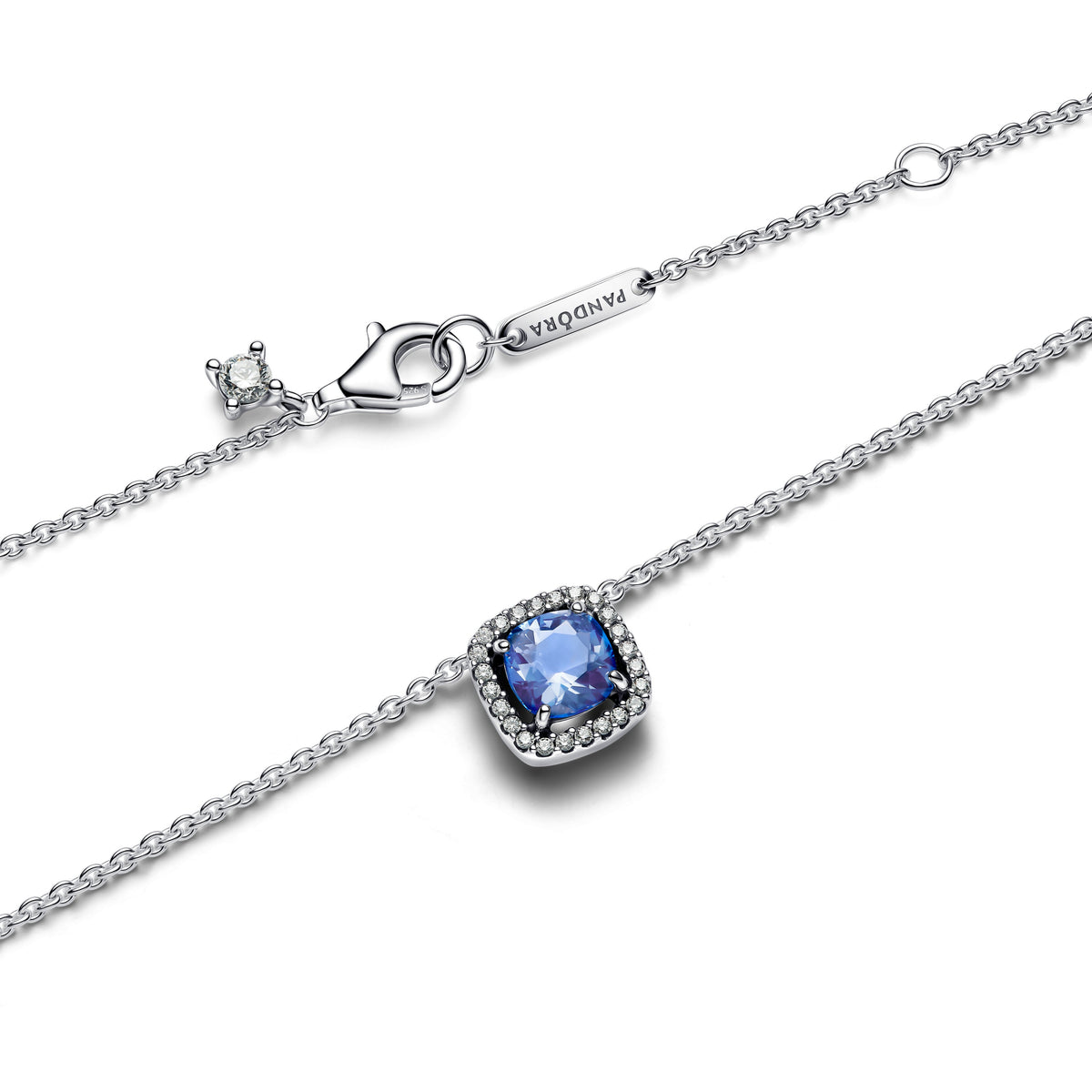 Pendant Necklace – Sterling Silver – Sparkling Square Blue Halo