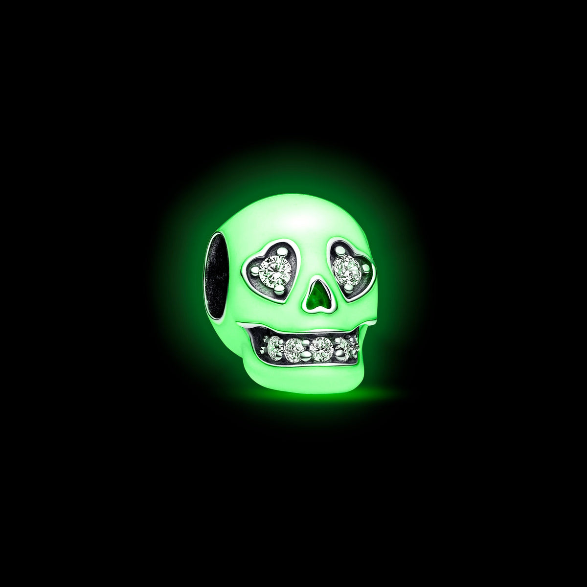 Charm – Sterling Silver – Glow-in-the-dark Sparkling Skull
