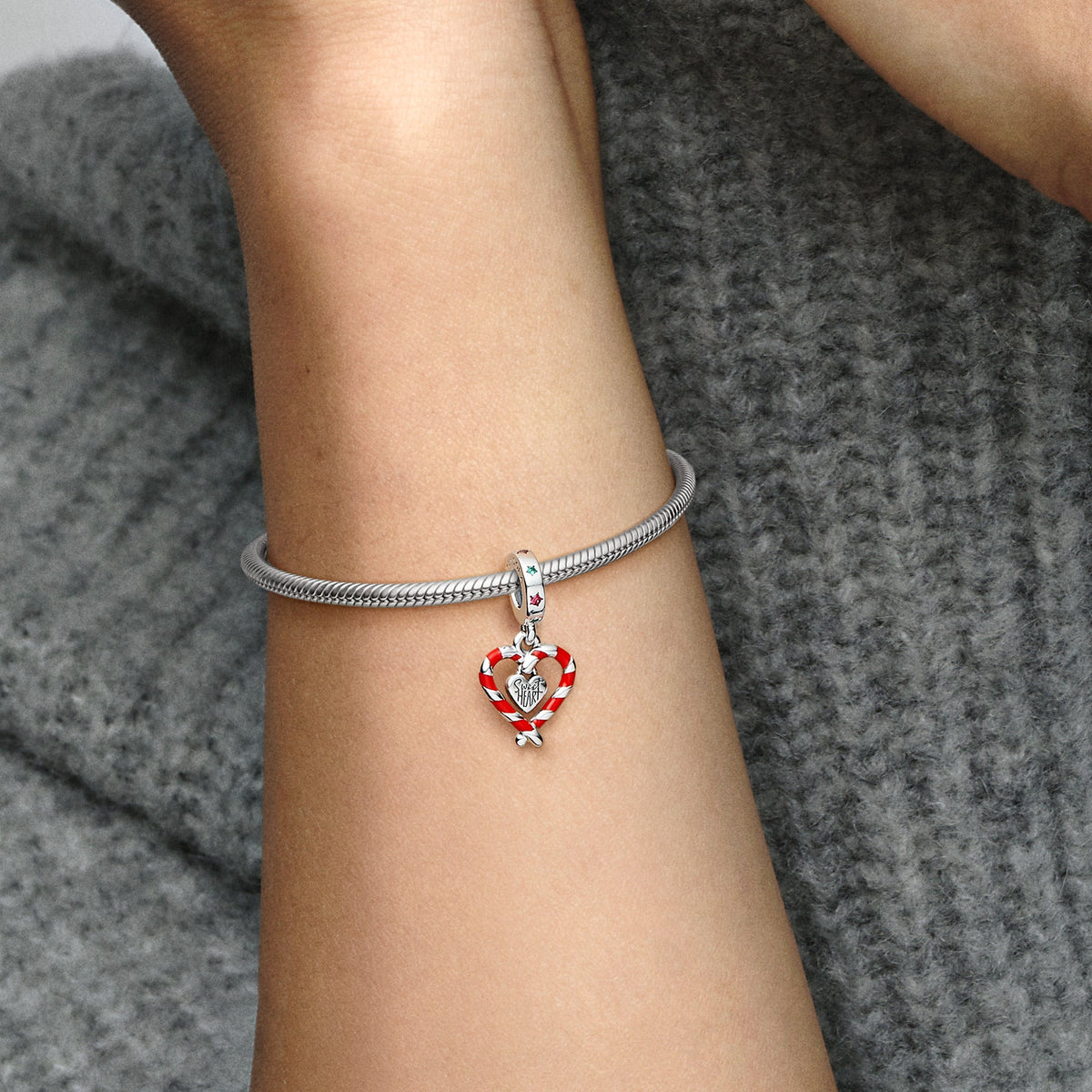 Dangle Charm – Sterling Silver – Double Candy Cane Heart Christmas