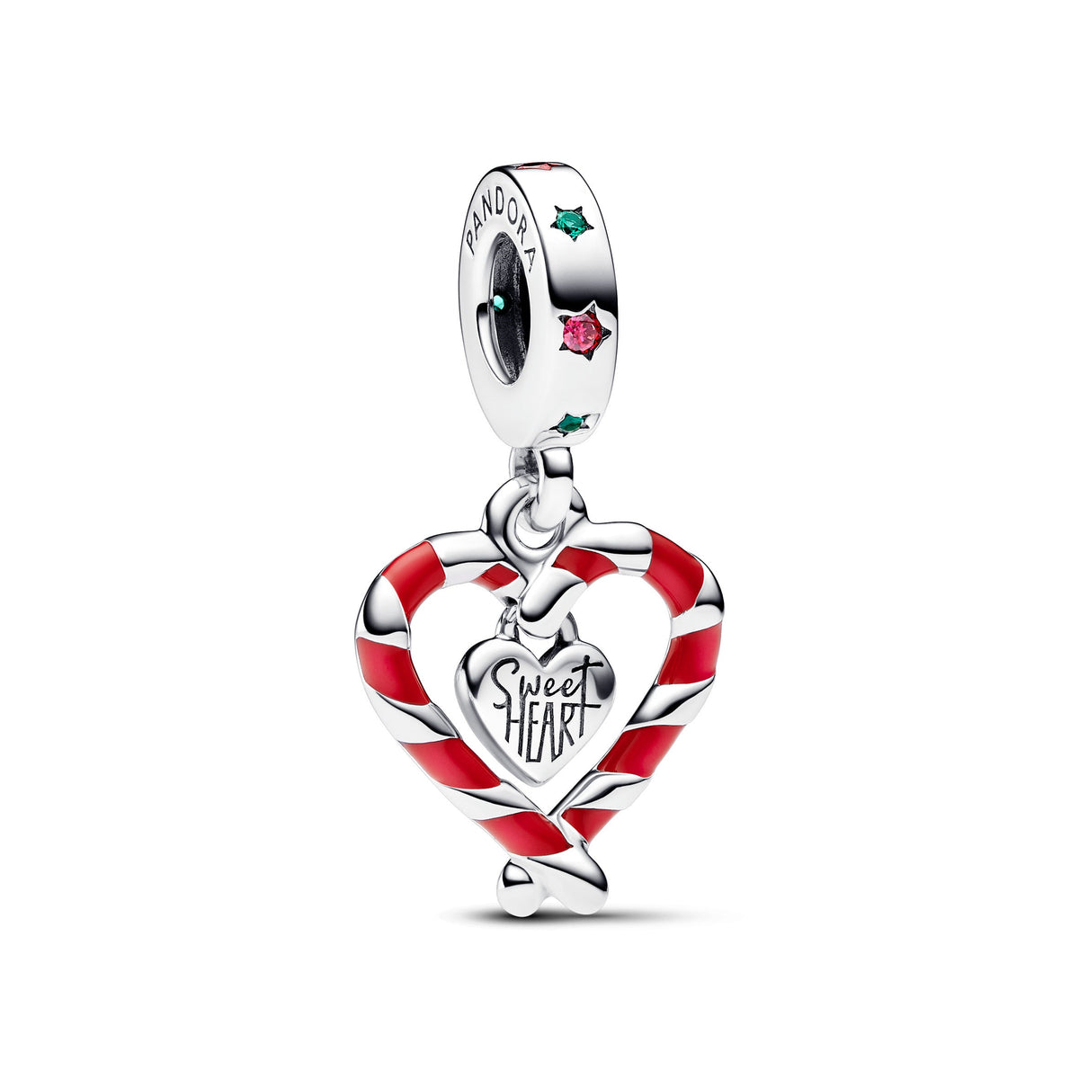 Dangle Charm – Sterling Silver – Double Candy Cane Heart Christmas