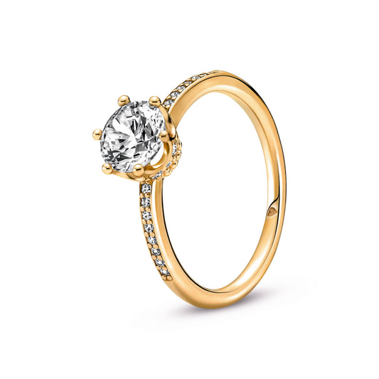 Ring – 14k Gold-Plated – Clear Sparkling Crown Solitaire