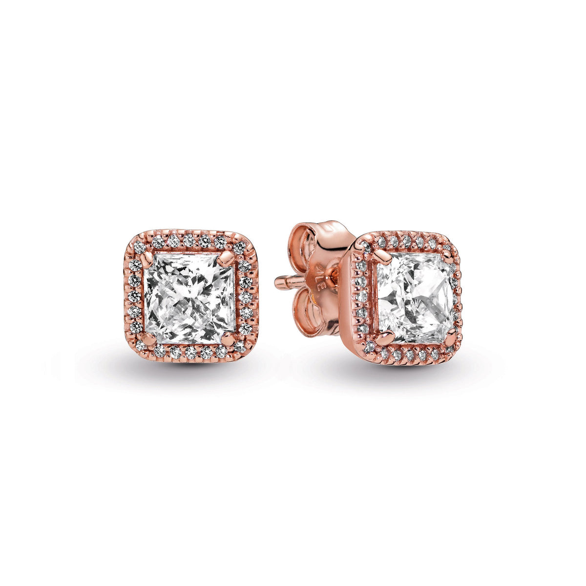 Stud Earrings – 14k Rose Gold-Plated – Square Sparkle Halo