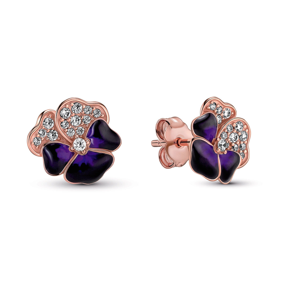 Stud Earrings – 14k Rose Gold-Plated – Deep Purple Pansy Flower