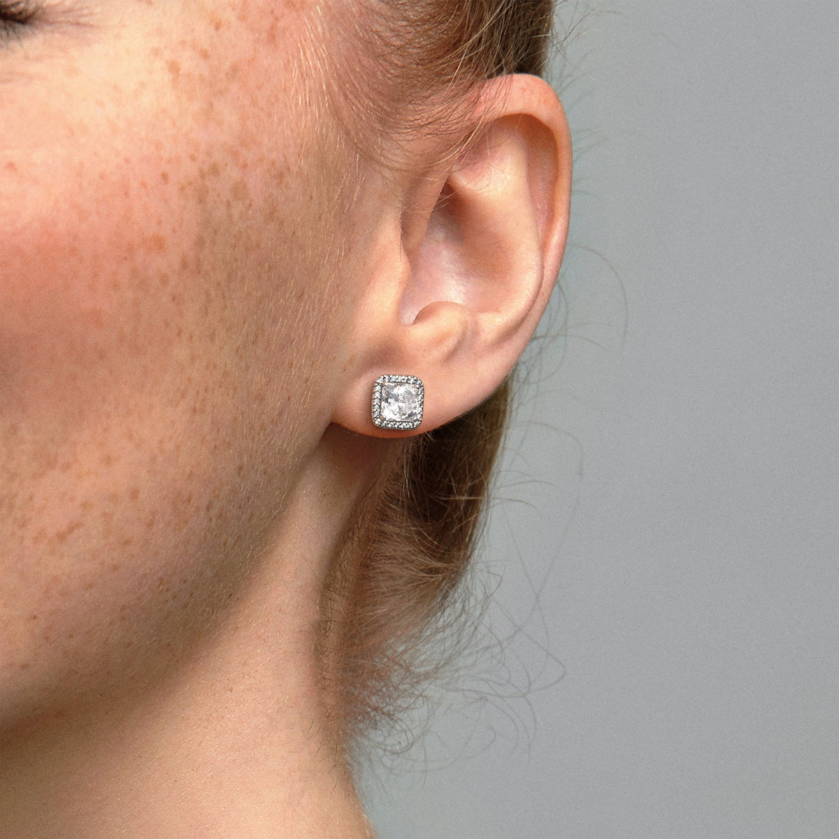 Stud Earrings – Sterling Silver – Square Sparkle Halo