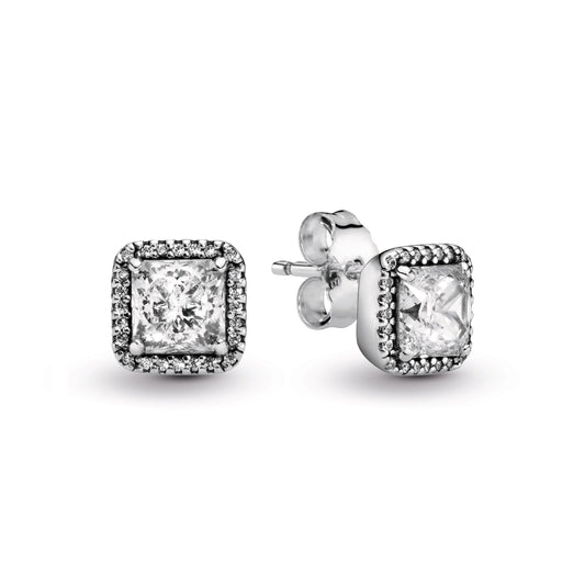 Stud Earrings – Sterling Silver – Square Sparkle Halo