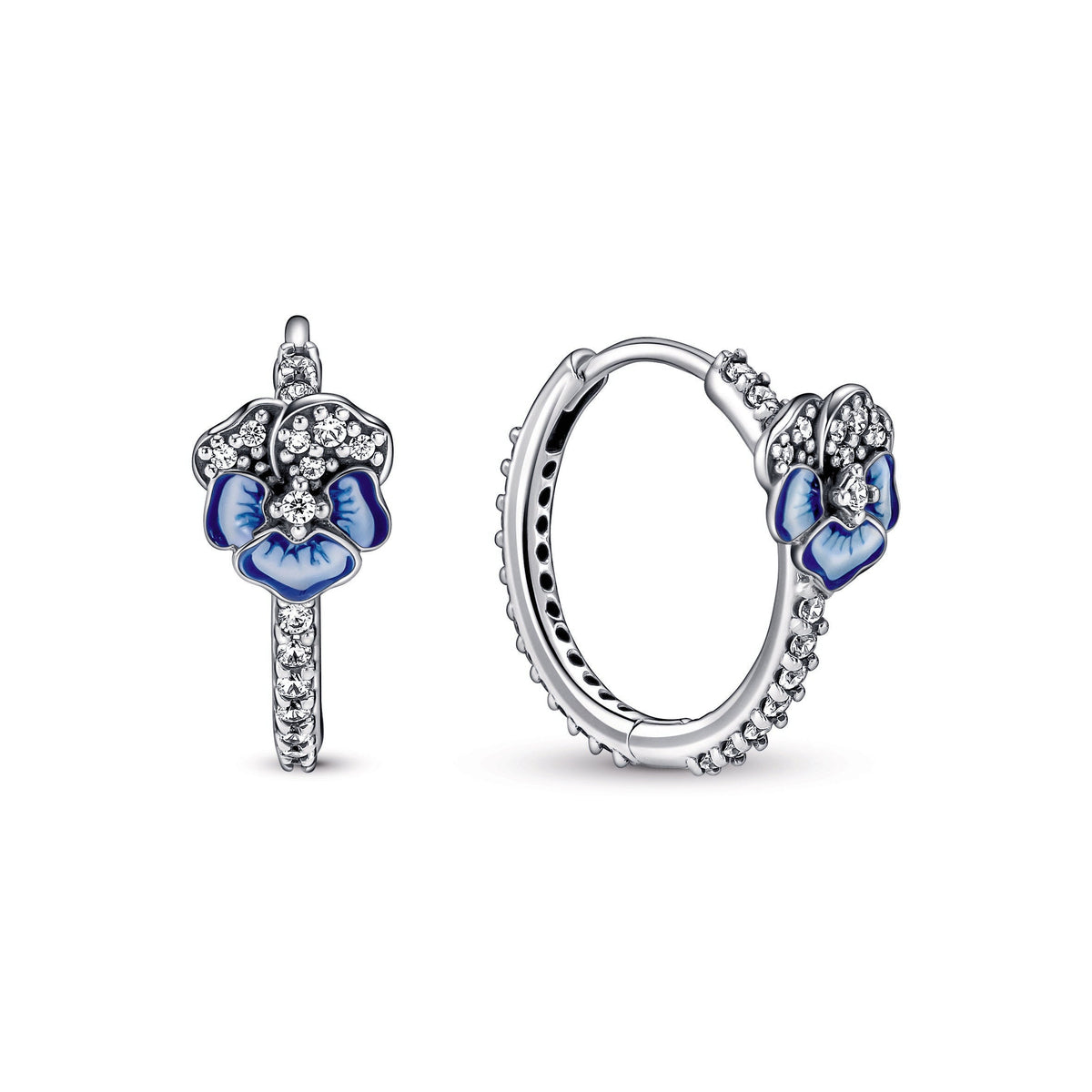 Hoop Earrings – Sterling Silver – Blue Pansy Flower