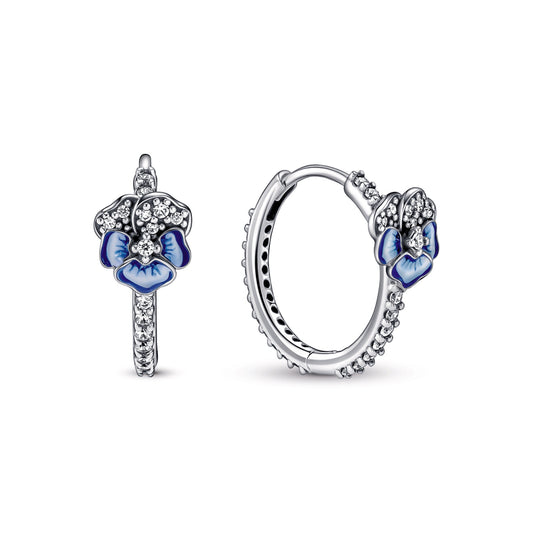 Hoop Earrings – Sterling Silver – Blue Pansy Flower