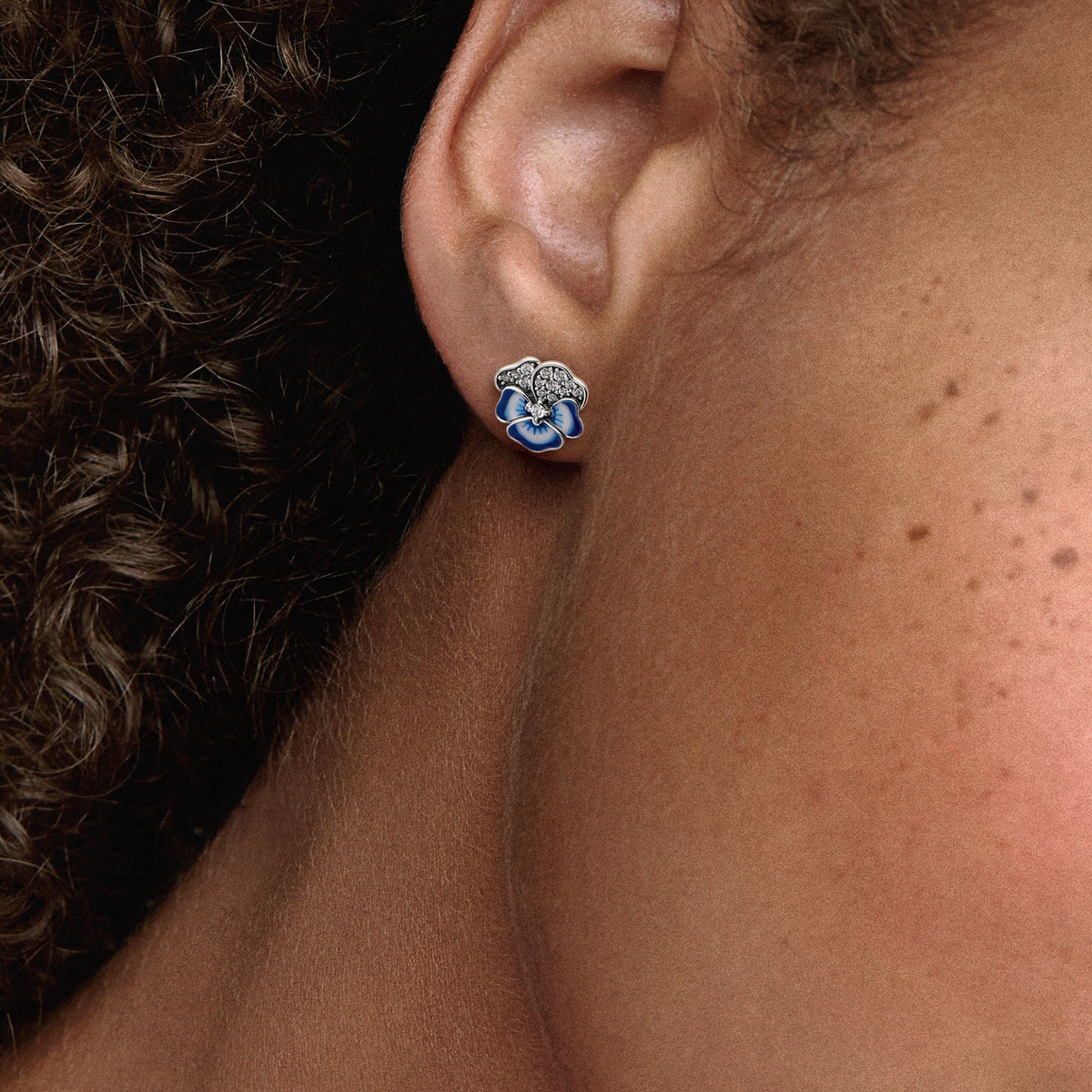 Stud Earrings – Sterling Silver – Blue Pansy Flower