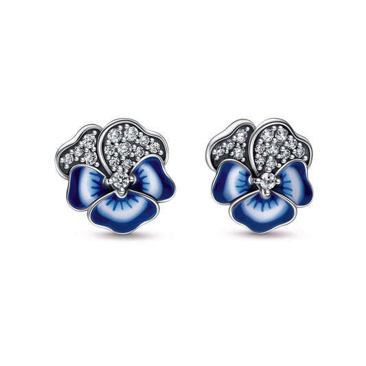 Stud Earrings – Sterling Silver – Blue Pansy Flower