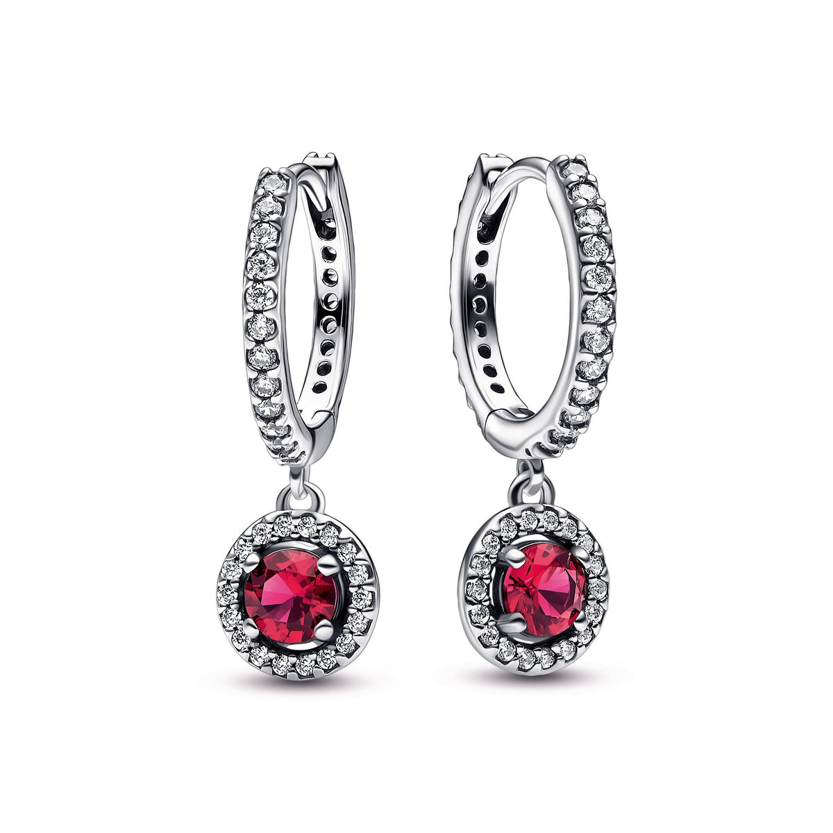 Hoop Earrings – Sterling Silver – Red Round Sparkling